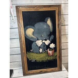Vtg Black VELVET ART Elephant Cute Painting Carved Wood Frame MCM Nursery Flower